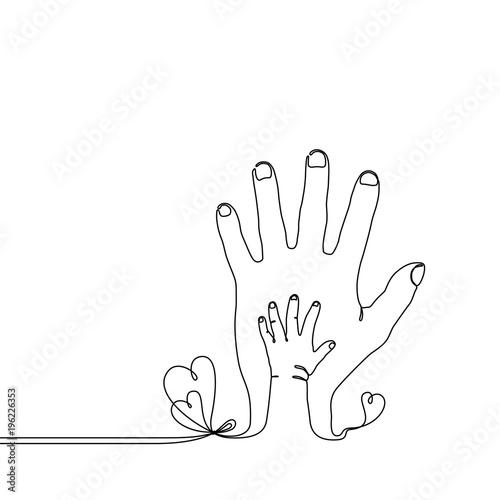 Continuous line drawing of a baby child hand on the parents hand, simple single line draw metaphor of the happy family, adult and youth, fathers love or a new generation