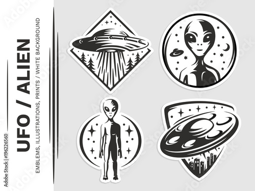 UFO / Aliens emblem, vector illustration, print, sticker, patches, badges set on a white background.	
