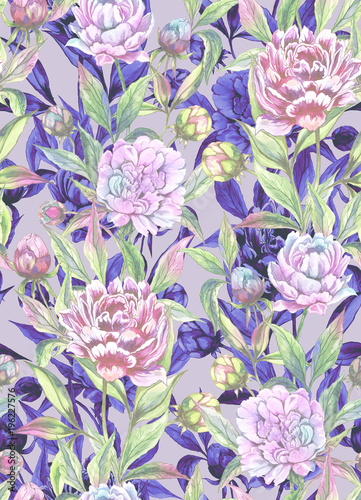 Beautiful peony flowers with buds and leaves in straight lines with purple outlines on light background. Seamless floral pattern. Watercolor painting. Hand drawn illustration.