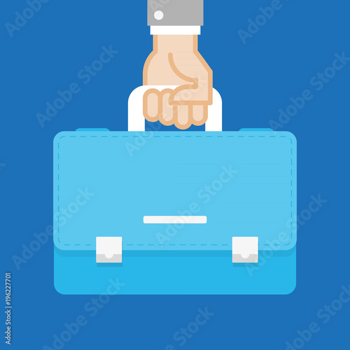Human hand holding briefcase. Concept or business. Vector illustration. Flat design