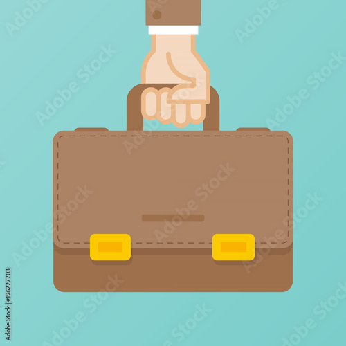 Human hand holding briefcase. Concept or business. Vector illustration. Flat design