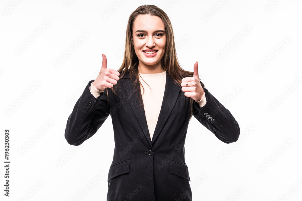 Beautiful smiling business woman with thumbs up standing against white background. Beautiful smiling business woman with thumbs up standing against white background.