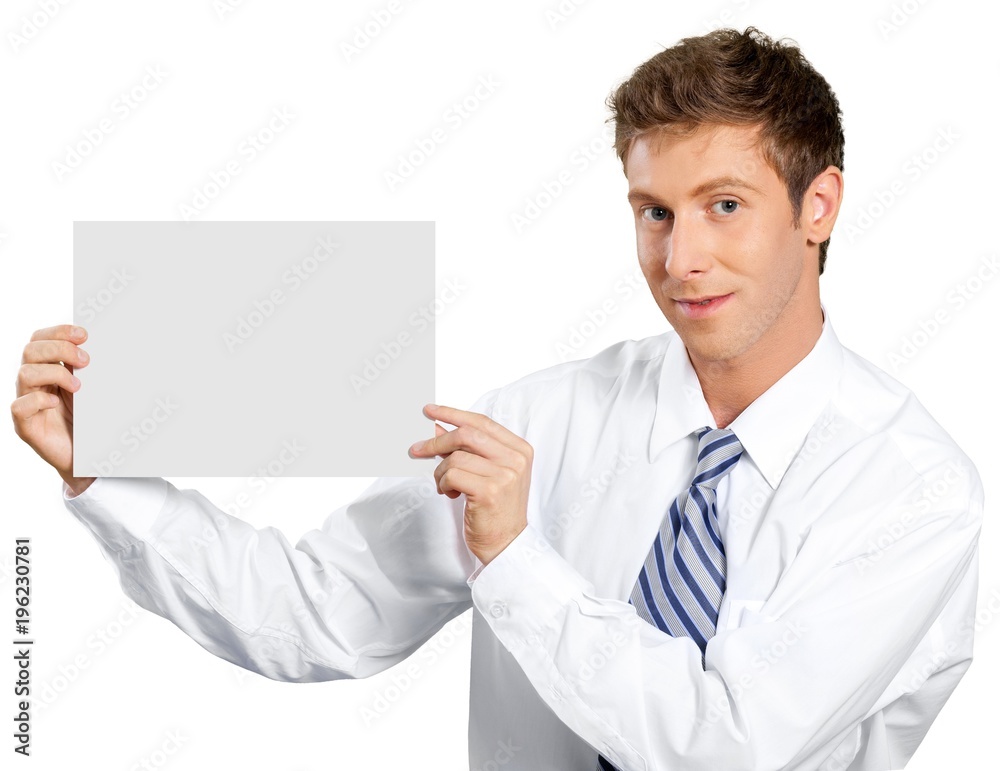 young professional holding a blank banner