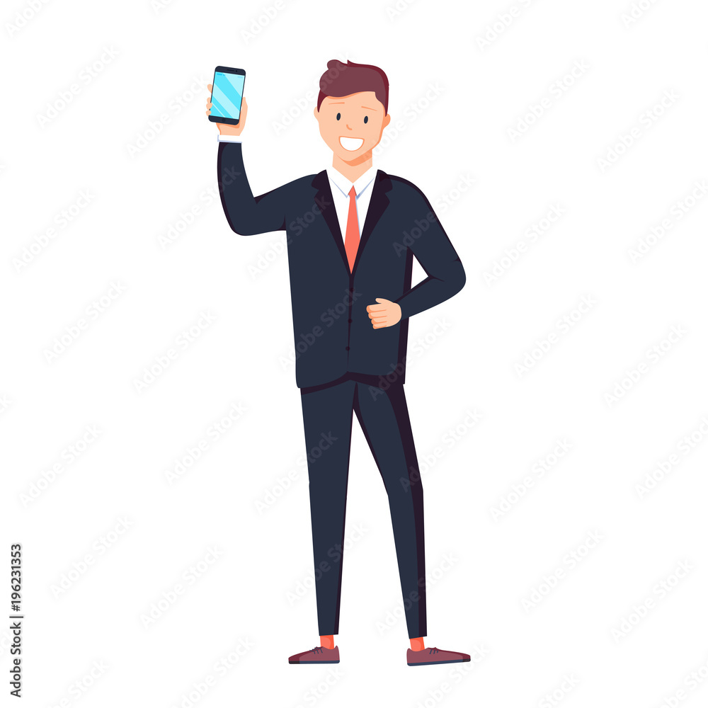 Man is showing the phone. People and gadgets. Vector illustration in cartoon style. Man is showing the phone. People and gadgets. Vector illustration in cartoon style.