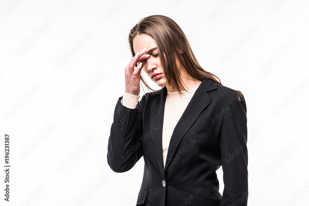 Businesswoman with a headache holding head, isolated on white Businesswoman with a headache holding head, isolated on white