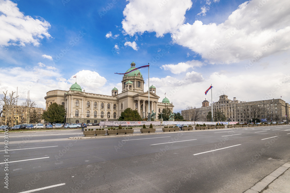 Belgrade, Serbia- Marth 12, 2018: Parliament of the Republic of Serbia in Belgrade. The building of the National Assembly, originally the House of Commons, began to be built in 1907, as a representati