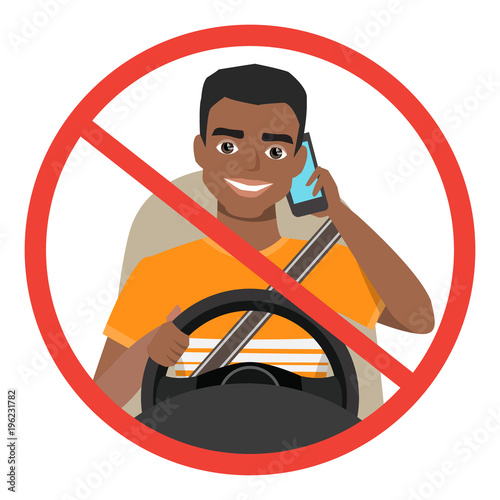 black african american man driving a car talking on the phone. sign stop danger