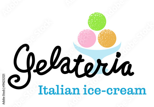 Ice-cream handwritten logo template. Typography with 3 balls of italian gelato. Isolated on white background line art illustration.