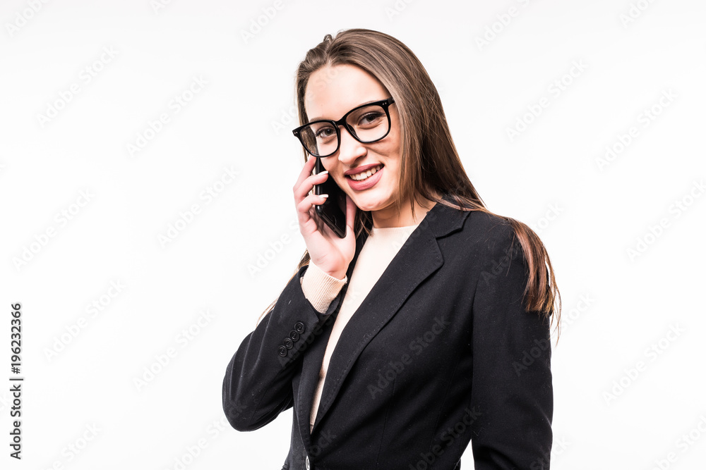 Portrait of smiling business woman phone talking on white background Portrait of smiling business woman phone talking on white background