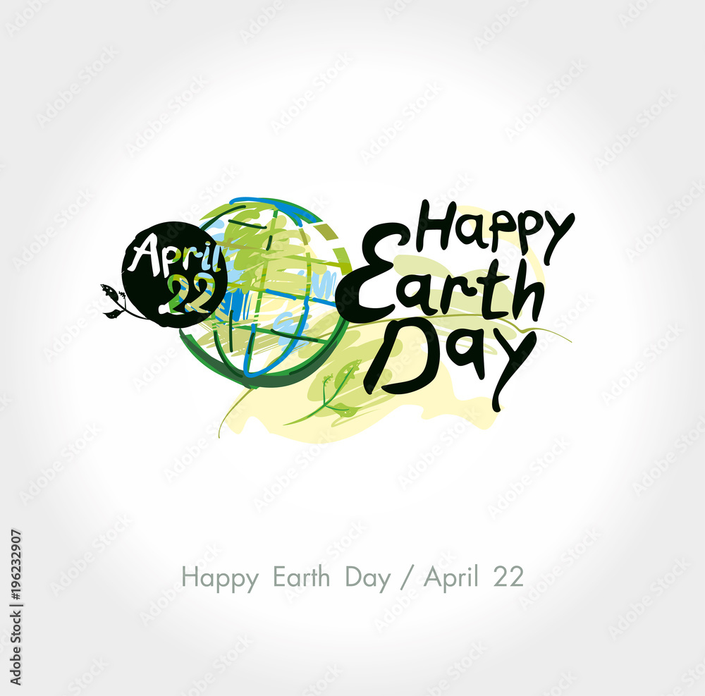 Happy Earth Day hand lettering template. April 22. Painted planet on and handwritten words. Vector Earth day illustration.