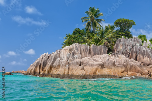 Beautiful tropical St. Pierre Island with palms and granite rocks, Seychelles