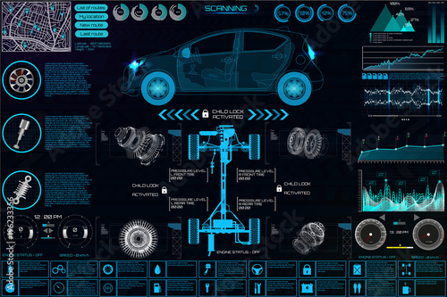 Auto mechanic car service and maintenance infographic elements with charts and graphs in the HUD style, vector illustration.Futuristic User Interface Car auto service, repair, infographics UI HUD 