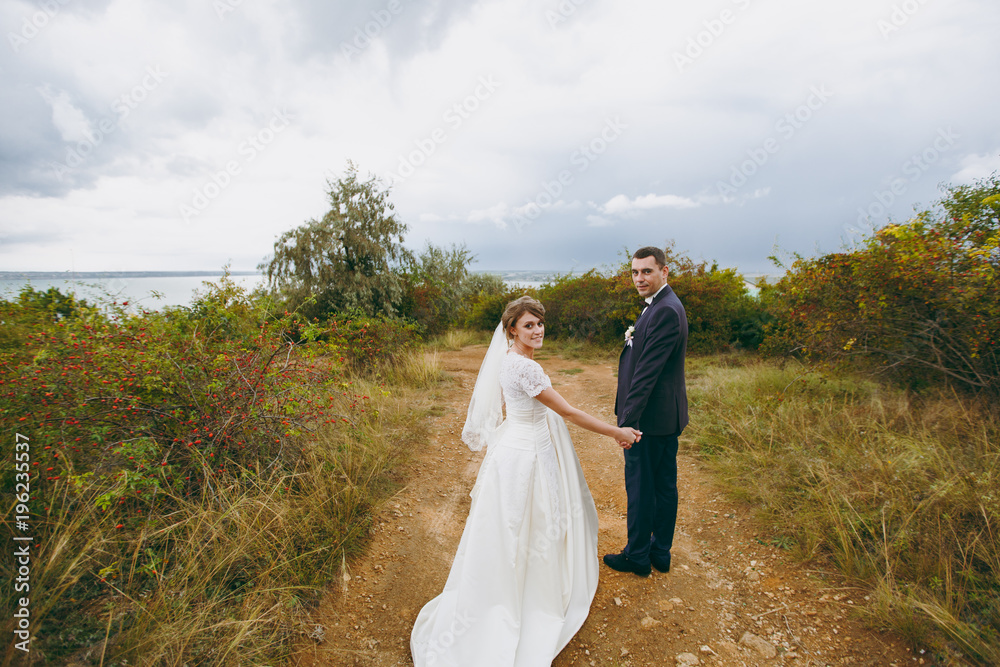 Beautiful wedding photosession. Handsome groom in blue formal suit and bow tie with boutonniere and his elegant bride in white dress and veil with a beautiful hairdress on a walk in field near river