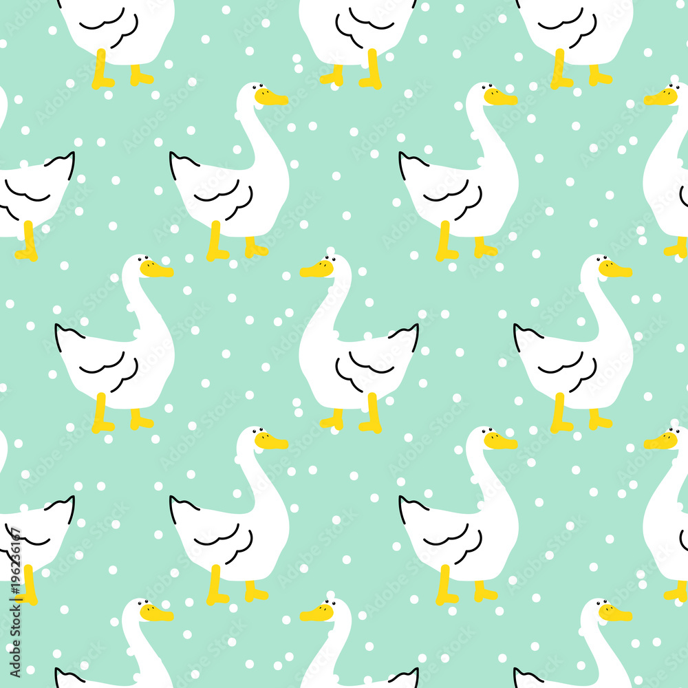 Seamless pattern with a cute goose cartoon bird.
