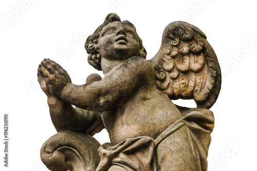 stone sculpture of little angel isolated  praying baby angel on white background