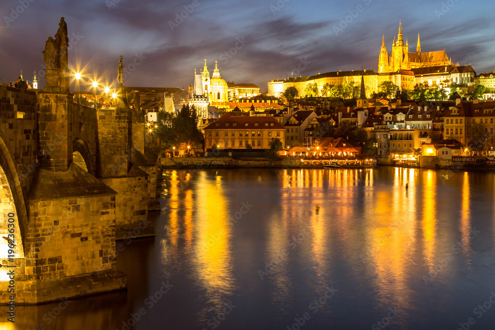 Castle and St. Vitus cathedral in Prague at night, Czech Republic