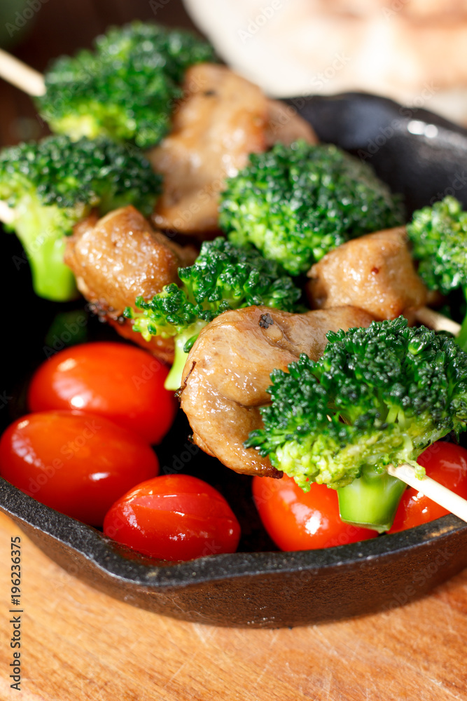 Nice meat kebab with broccoli on skewers Nice meat kebab with broccoli on skewers