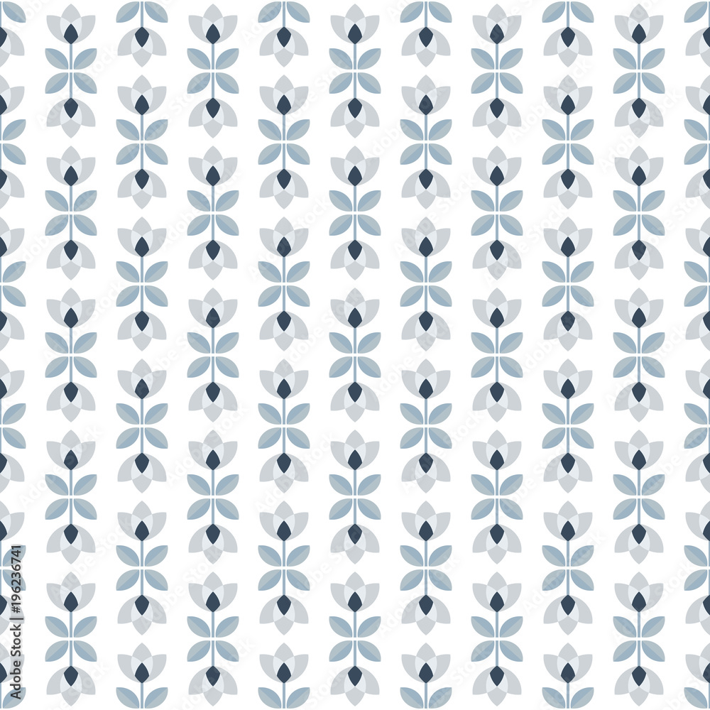 Scandinavian floral background, mid century wallpaper, seamless abstract pattern,  Blue, silver grey and white colors . 