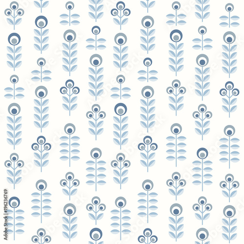 Scandinavian floral background, mid century wallpaper, seamless abstract pattern, Blue, silver grey and white colors. 