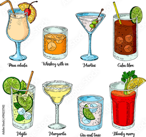 Alcoholic drinks set. vector illustration. Margarita, whiskey, tequila. Mojito, bloody mary and cuba libre. photo