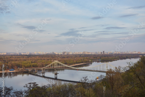 Kiev City, landscape, view of the bridge from above. Beautiful views of the Dnipro River