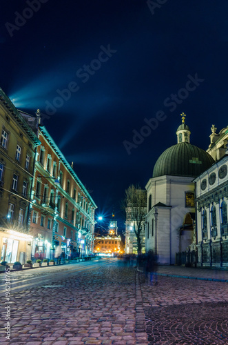 Scenic night Lviv cityscape architecture on the long exposure