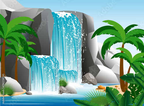 Vector illustration of beautiful waterfall in tropical jungle landscape with trees, rocks and sky. Green palm wood with wild nature and bush foliage in flat style.