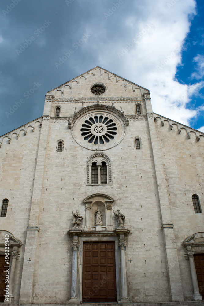 Vertical View of the Front Side of The Cathedral of San Basilio on Cloudy Sky Background. Bari, South of Italy