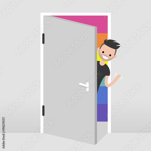 Coming out. Young character peeking out from behind the door. Rainbow background. LGBT. Concept. Flat editable vector illustration, clip art