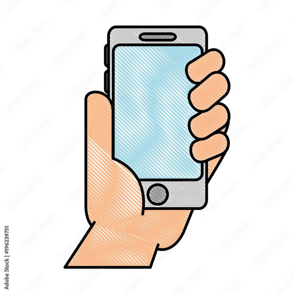 hand with smartphone device isolated icon hand with smartphone device isolated icon
