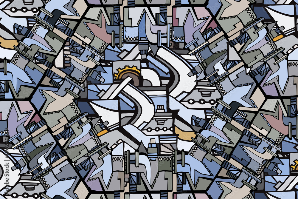 Obraz premium Abstract technical pattern with sketch elements. Vector background with decorative industrial or machine parts. Hand drawn.