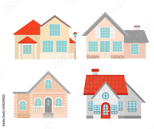 Vector illustration set of colorful flat residential houses. Town house cottage. Building set isolated on white background in flat style.