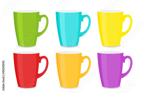 Vector illustration set of bright colorful cups isolated on white background.