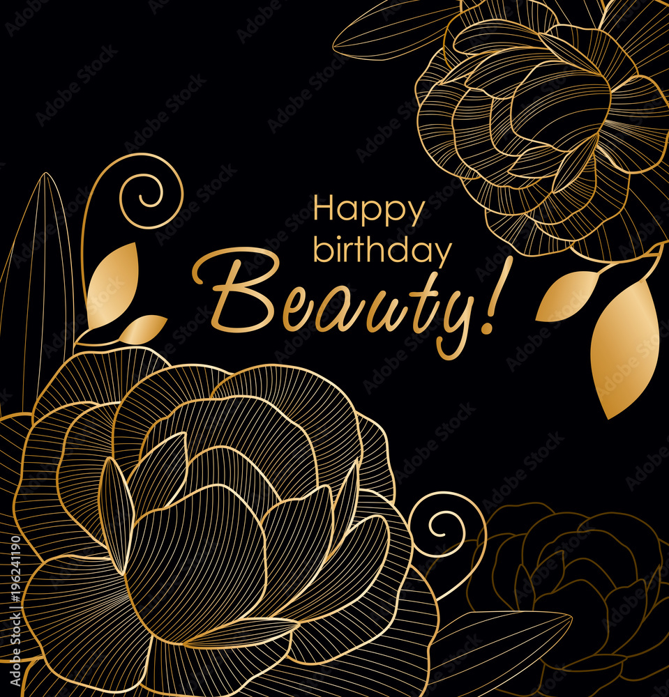 Fototapeta Vector illustration of beautiful golden line flowers on black background of greeting card. Abstract floral design with golden texture.