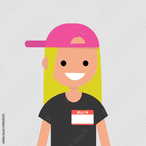 "Hello, my name is" badge. Portrait of young female character introducing herself/ Flat editable vector illustration, clip art