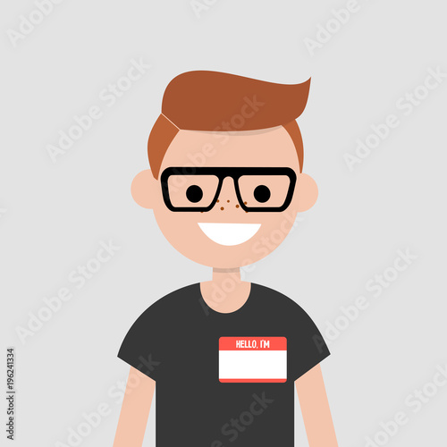 "Hello, my name is" badge. Portrait of young character introducing himself/ Flat editable vector illustration, clip art