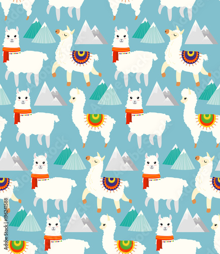 Vector Illustration seamless pattern with llamas, alpacas, mountains and hand drawn elements, childish texture for textile in flat cartoon style.