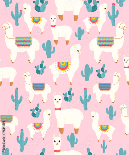 Vector Illustration of seamless pattern with cute cartoon llama alpaca with cactus and design elements on pink background in flat cartoon style.