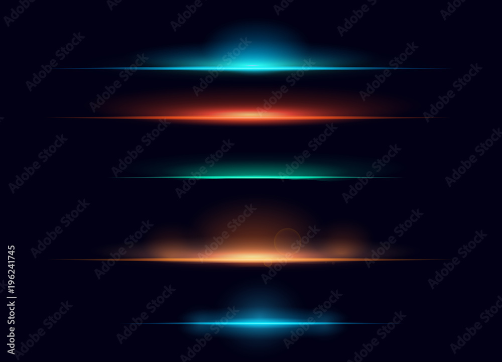 Vector illustration set of colorful realistic flare elements collection. Rising light effect.