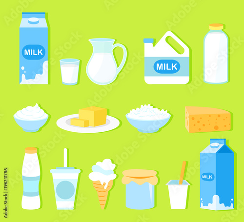 Vector illustration set of milk products in flat cartoon style. Collection milk, butter, cheese, yogurt, cottage cheese, sour cream, ice cream, cream, isolated on green background.
