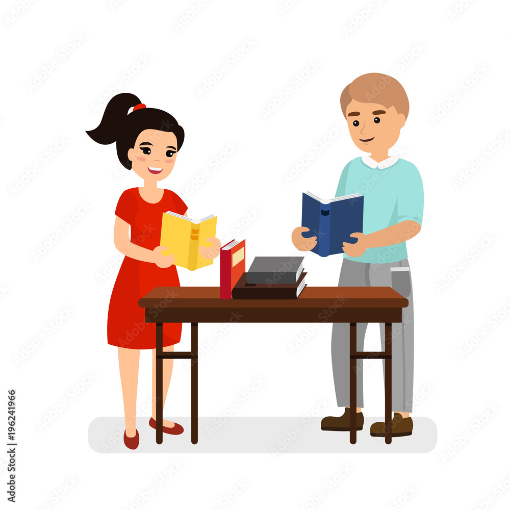 Vector illustration of young man and woman with books on table, girl and boy are reading books, flat cartoon style image. Vector illustration of young man and woman with books on table, girl and boy are reading books, flat cartoon style image.