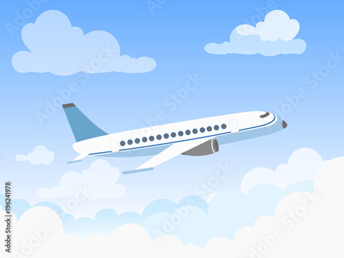 Vector illustration of plane in the sky over the clouds. Flat design style concept of airplane flying through clouds in the blue sky.