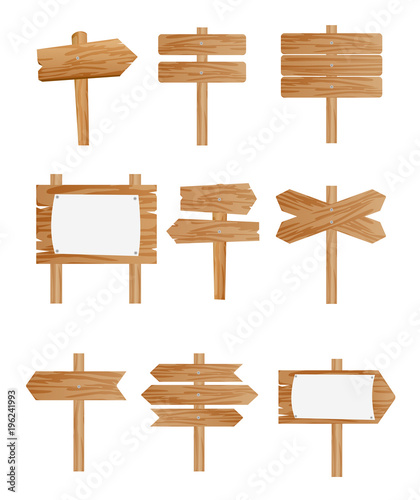 Vector illustration set of different wooden street signs, pointers collection on white background in flat style.