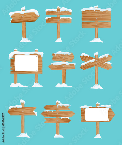 Vector illustration set of wooden street signs in the snow, pointers collection, winter, snow in flat style.