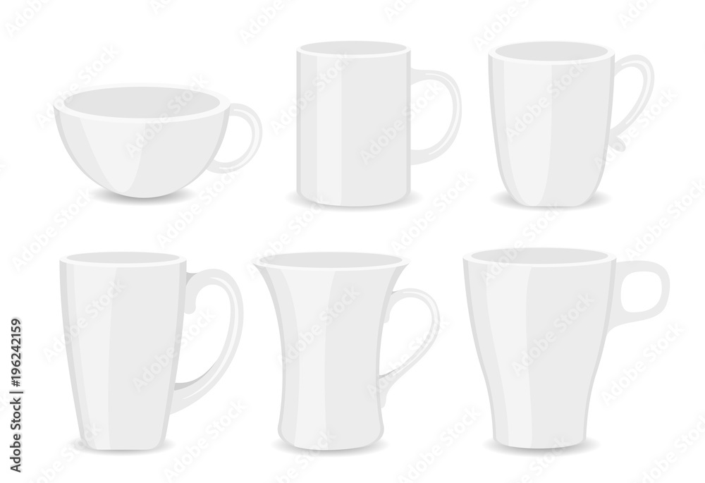 Vector illustration set of whitr cups different shaps and typs on white background in flat style. Vector illustration set of whitr cups different shaps and typs on white background in flat style.