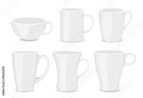 Vector illustration set of whitr cups different shaps and typs on white background in flat style.