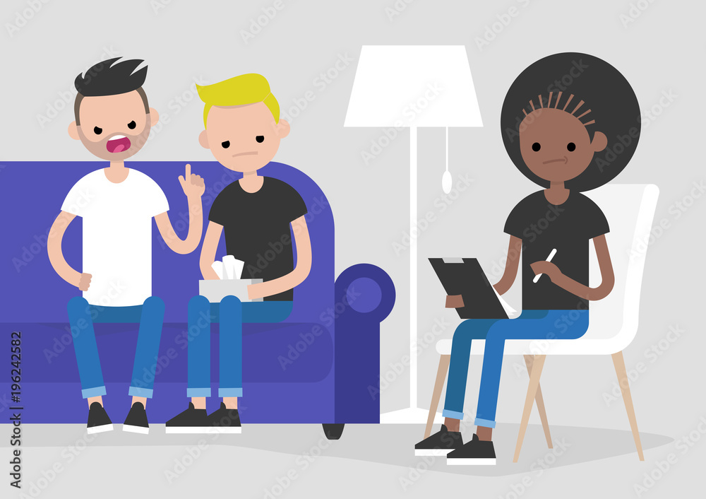 Young homosexual arguing couple visiting a psychotherapist. Mental health care. Relationships. Doctor listening and making notes. Psychotherapy. Flat vector illustration, clip art Young homosexual arguing couple visiting a psychotherapist. Mental health care. Relationships. Doctor listening and making notes. Psychotherapy. Flat vector illustration, clip art