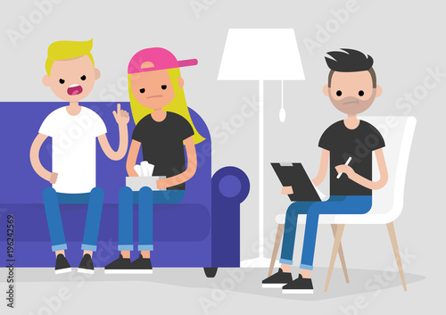 Young arguing couple visiting a psychotherapist. Mental health care. Relationships. Doctor listening and making notes. Psychotherapy. Flat vector illustration, clip art