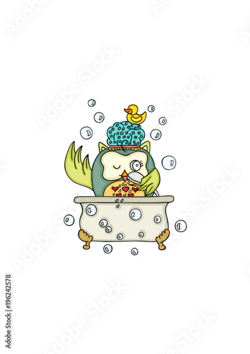 Cute owl taking a bath