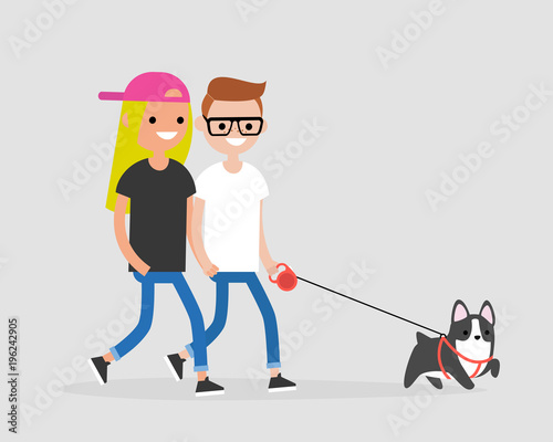 Millennial couple walking a dog. Daily life of pet owners. Flat editable vector illustration, clip art